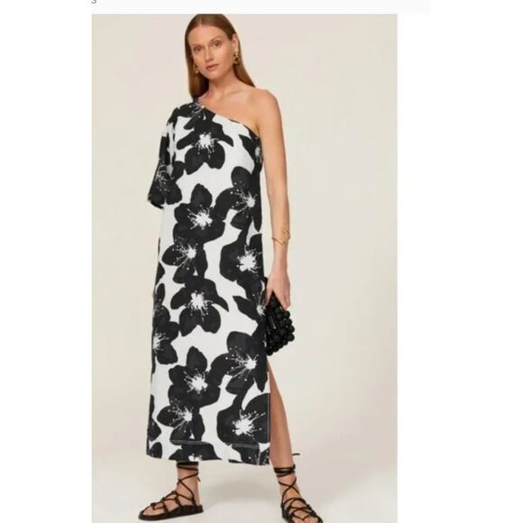 Something Navy Linen One Sleeve Midi Dress Floral Print Size Small Summer Vaca - Picture 13 of 13